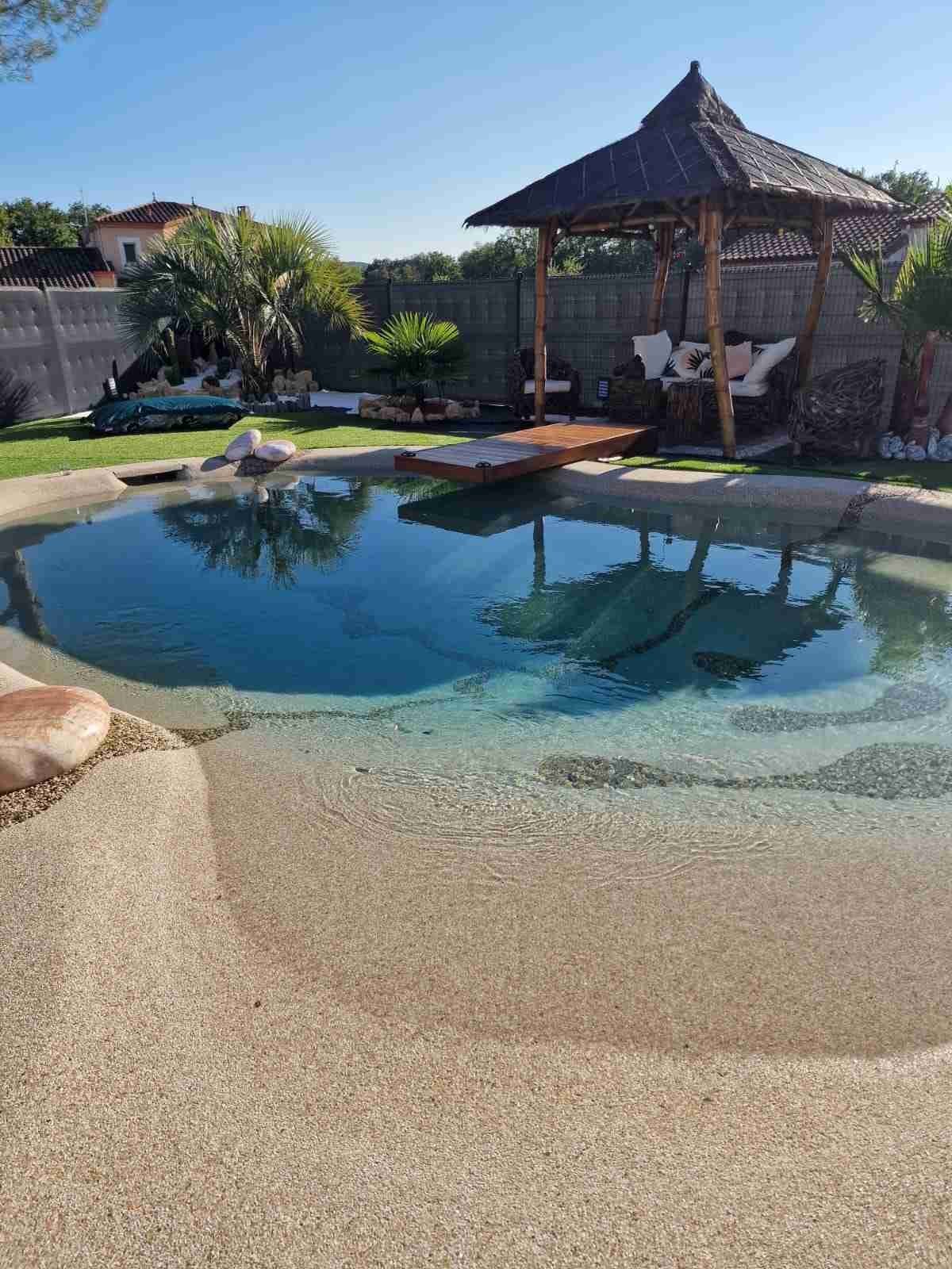 Piscine lagon avec ponton en bois et reflets des palmiers