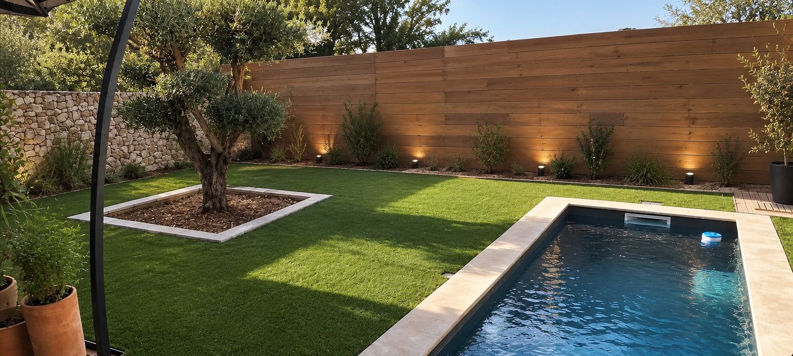 Jardin en gazon synthétique avec olivier et piscine